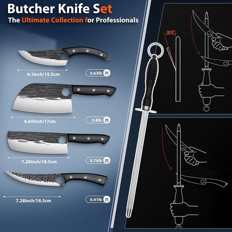 Tivoli Professional Butcher Knife Set for Meat Processing, 7Pcs High Carbon Steel Hand Forged BBQ Knife Sets, Serbian Chef Knife Set with Ergonomic Handle for Kitchen Outdoor Cooking Christmas Gifts - Image 5
